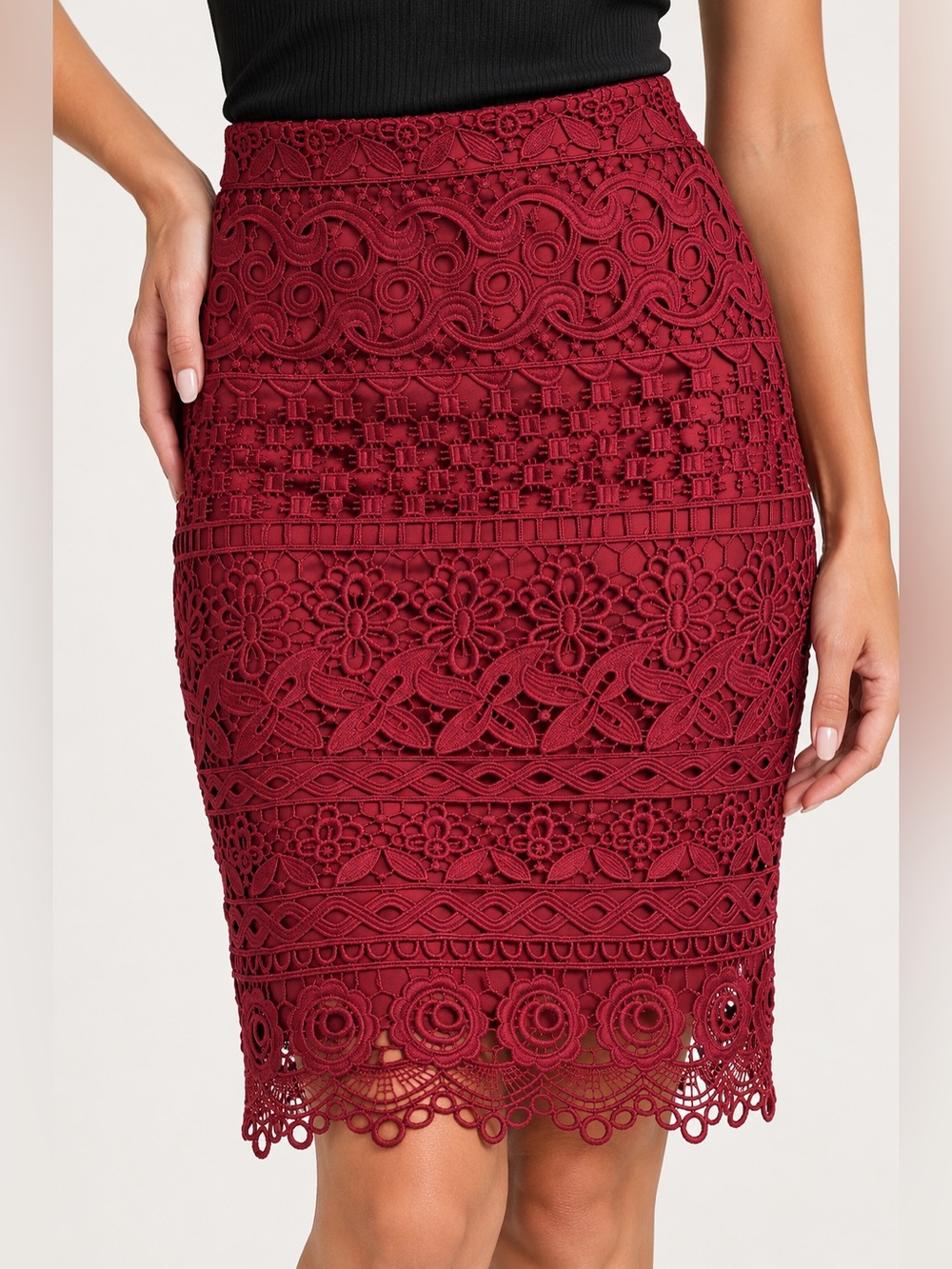 LOFT Lace Crochet Pencil Skirt Burgundy Floral Design knee length size 4 classy